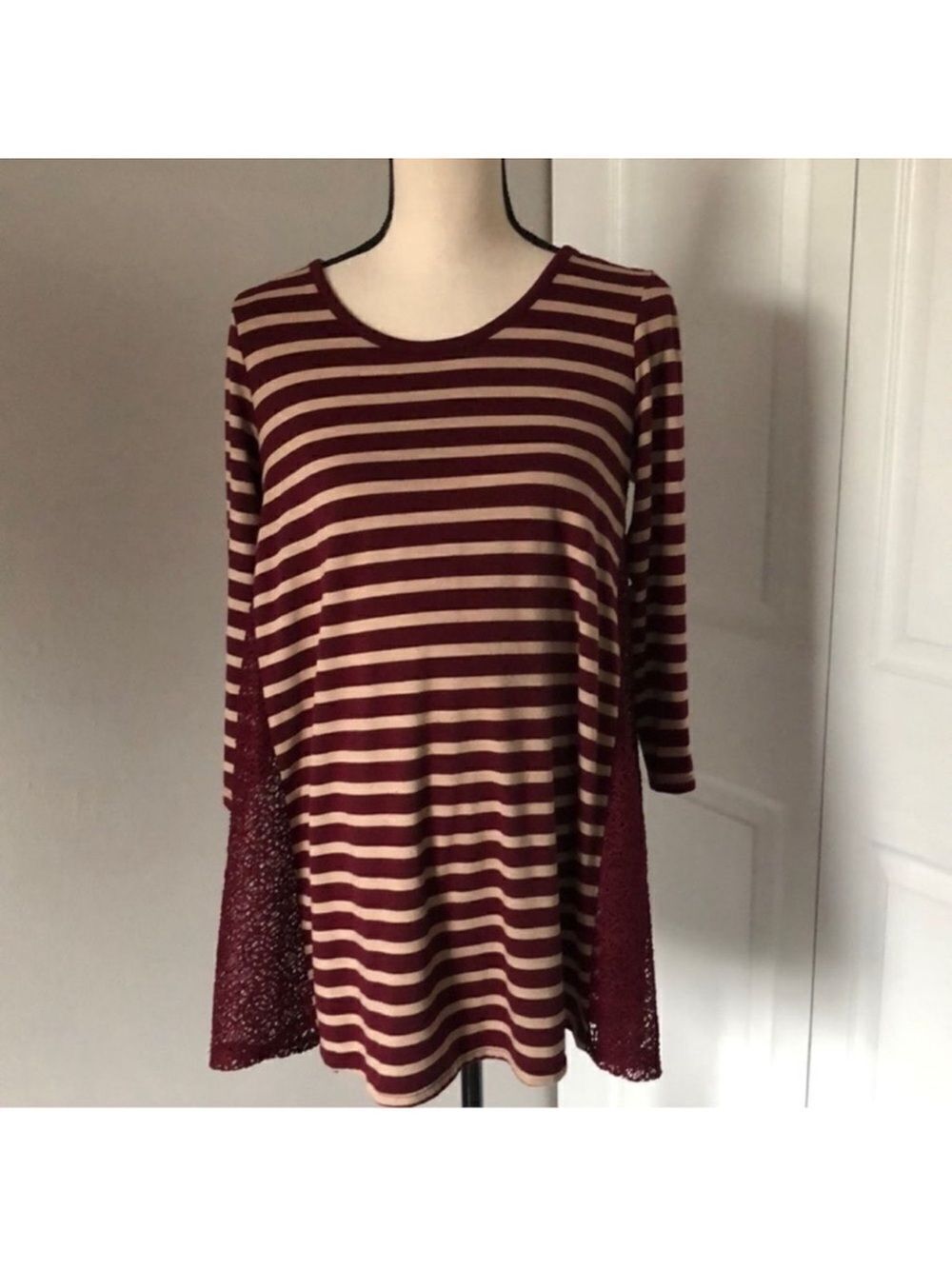 Motherhood M Burgundy Ivory Stripes Lace Inset Crew Top